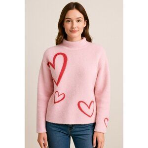 Rachel Zoe Pink Pullover Sweater With Red Hearts Print Mock Neck Womens Medium S
